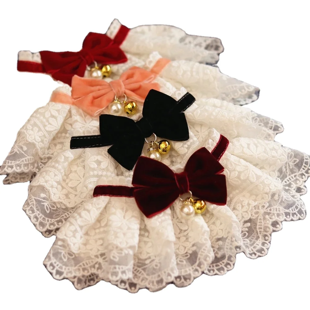 Кружевной шарф для собак, кошек, воротник, ретро шарф с бантом, колокольчиками, нагрудник для питомца, ожерелье для собаки, галстук, благородный, для собак, роскошные аксессуары
