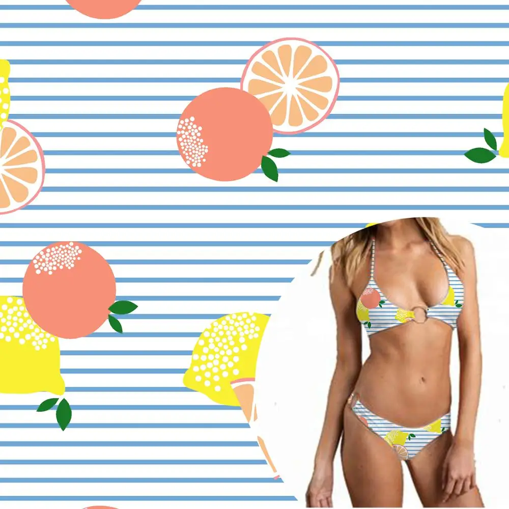 black stripe fruit print swimsuit nylon spandex optical white fabric