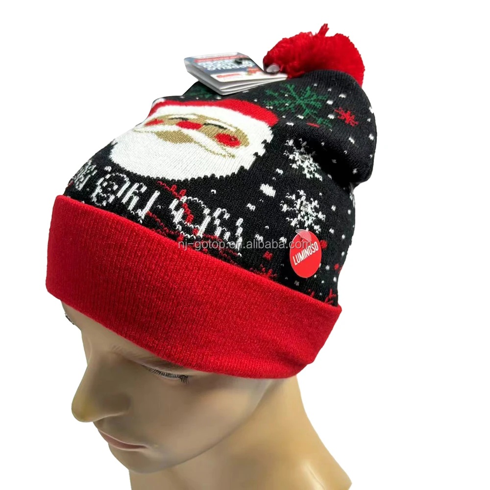 Custom Printed Red Knit Funny Santa Party Christmas Hat with 2025 LED Lights Unisex Holiday Beanie for Adults