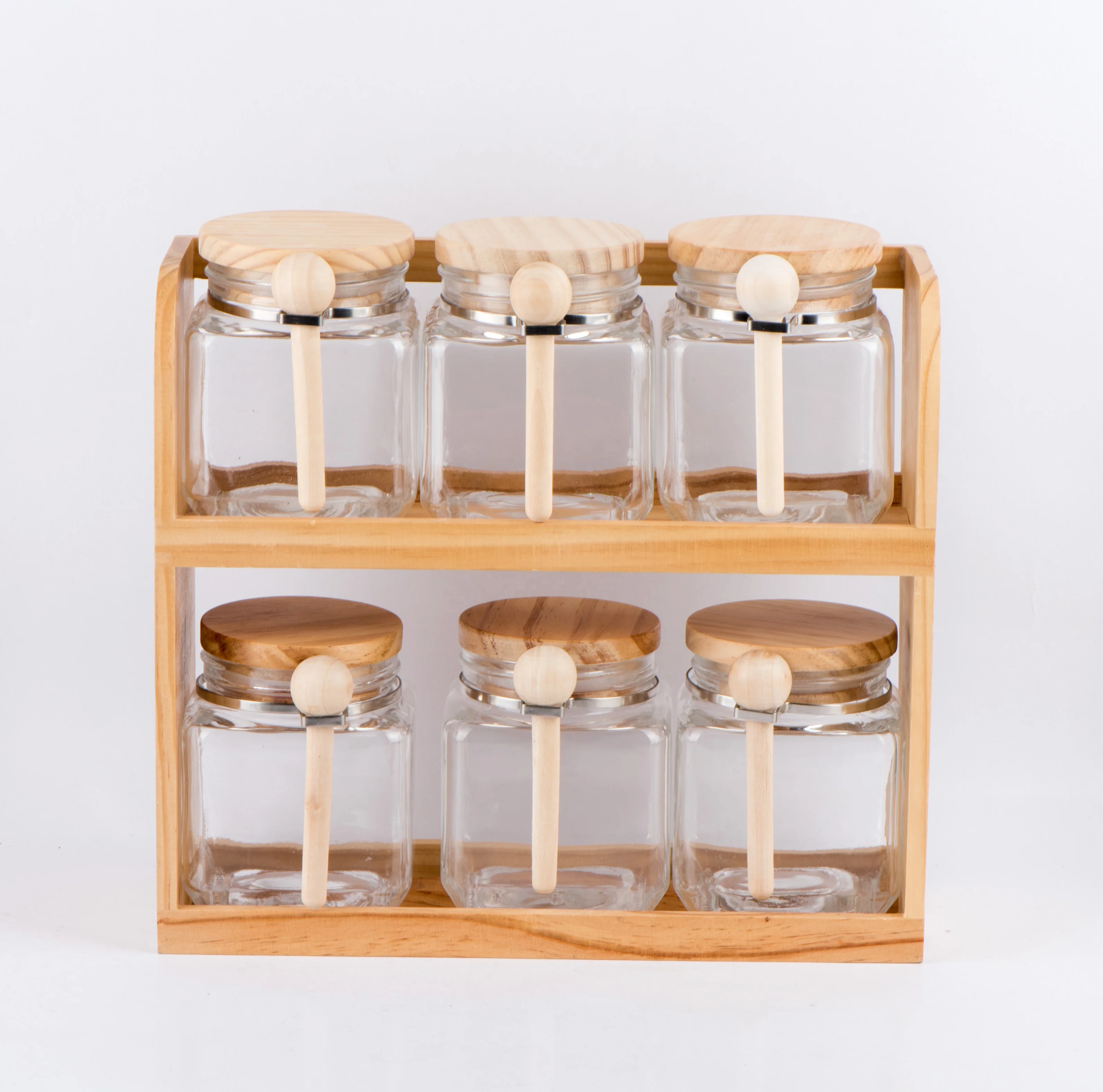 CP171W 6pcs 500ml square Glass Food Storage Jar  Candy Jar with Wooden Lid and Spoon and Wooden Rack
