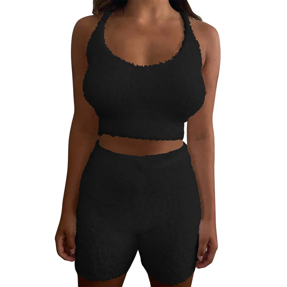 
Hot Selling 2020 Womens Apparel Women Fall Two Piece Sets Boutique Clothing Vest Shorts Plush Home Clothes 
