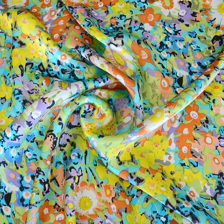 Ladies grace and beautiful 100% mulberry silk crepe satin printed 16mm 114cm width fabric for dress, shirts,Hanfu,pillow case,