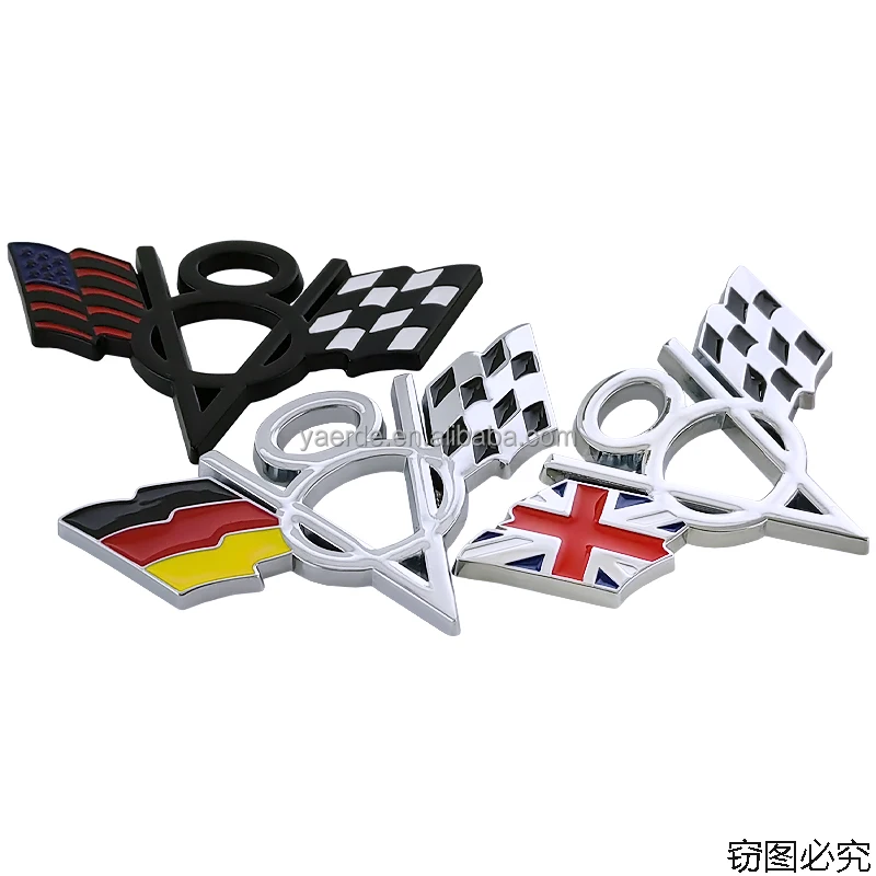 V8 Metal Car Sticker Racing Flag National Flag Modified Sticker,Manufacturers customize car stickers with superglue personality