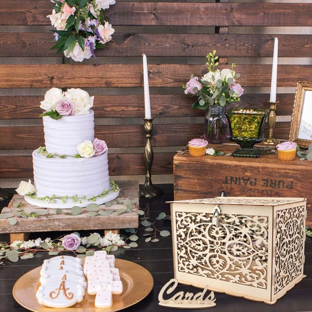 Wholesale Creative DIY Wedding Gift Card Box Wooden Money Box with Lock and Key