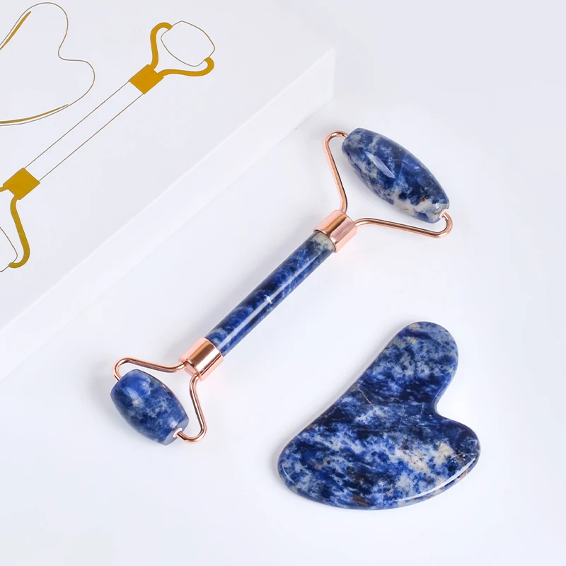 New Arrival Natural Blue Sodalite Stone Face Jade Roller And Gua Sha Set Facial Skin Tighten Guasha And Jade Roller