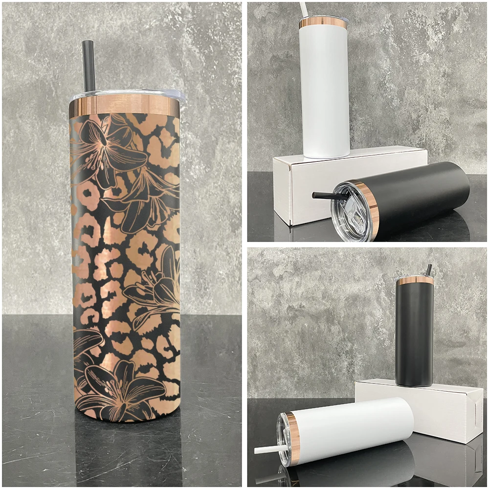 mirror copper plated 20oz powder coated stainless steel straight skinny tumblers with slide lid and straw for laser engraving