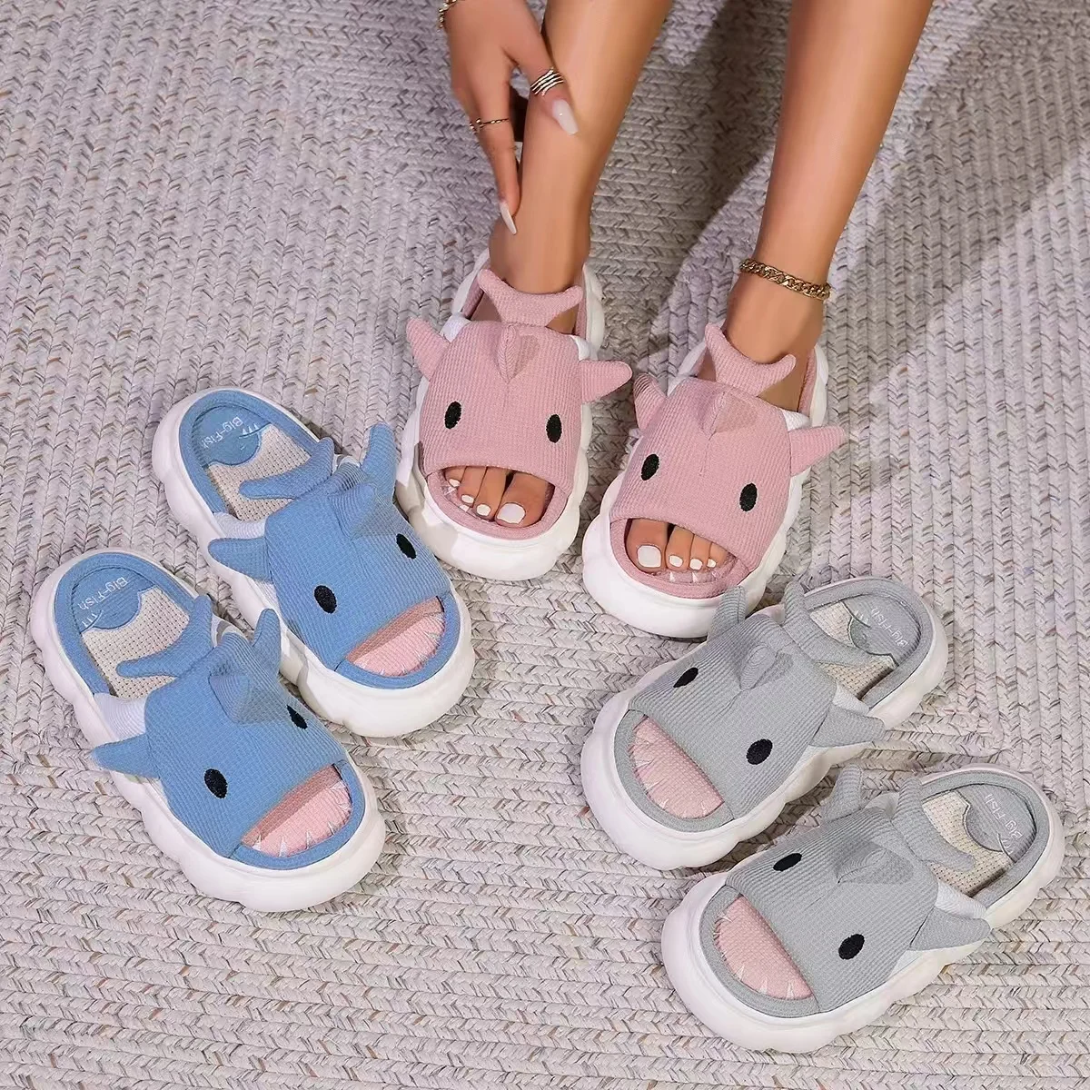 Comfortable Four season house cute cartoon animal linen women girl shark slippers