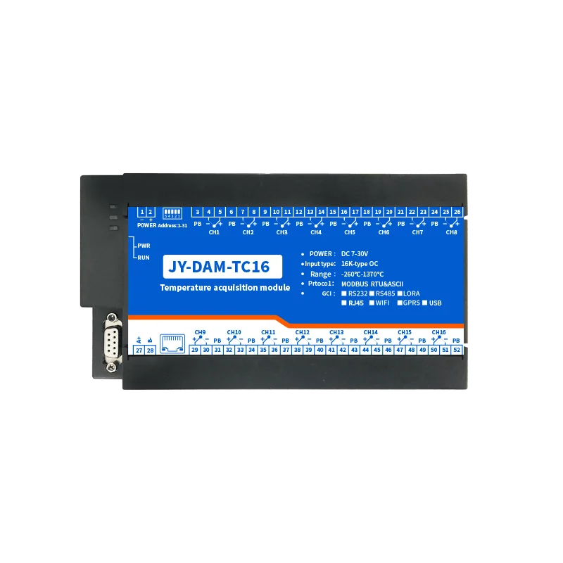
DAM-TC16 K-type J-type thermocouple temperature acquisition conversion module Modbus RS232 / RS485 16-channel temperature collec 