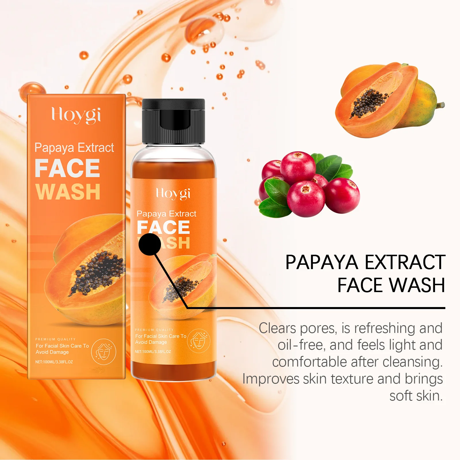HOYGI Facial Cleanser Skin Care Moisturizing Deep Cleansing Whitening Arbutin Hyaluronic Acid Papaya Face Wash Liquid 100ml