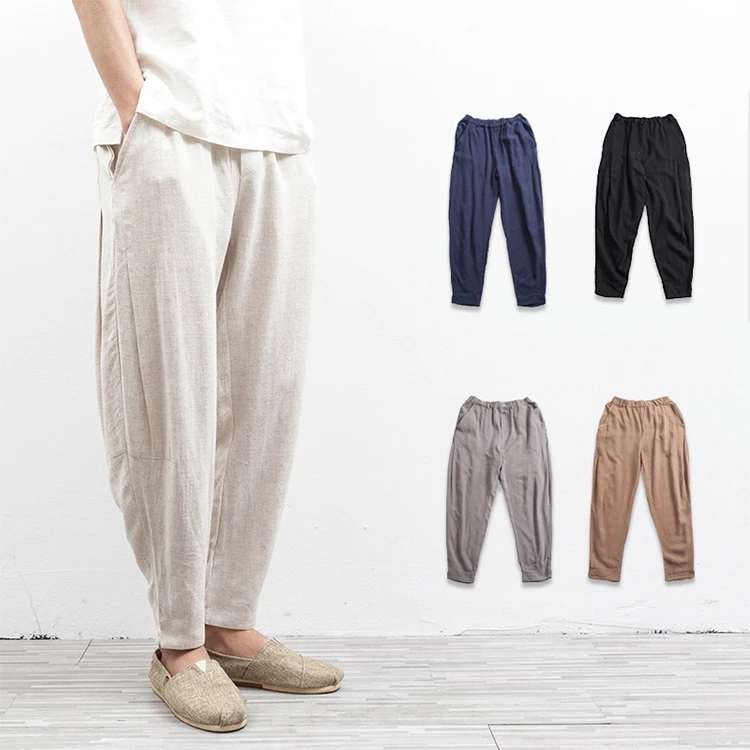 Men elastic waist casual loose trousers linen cotton harem pants