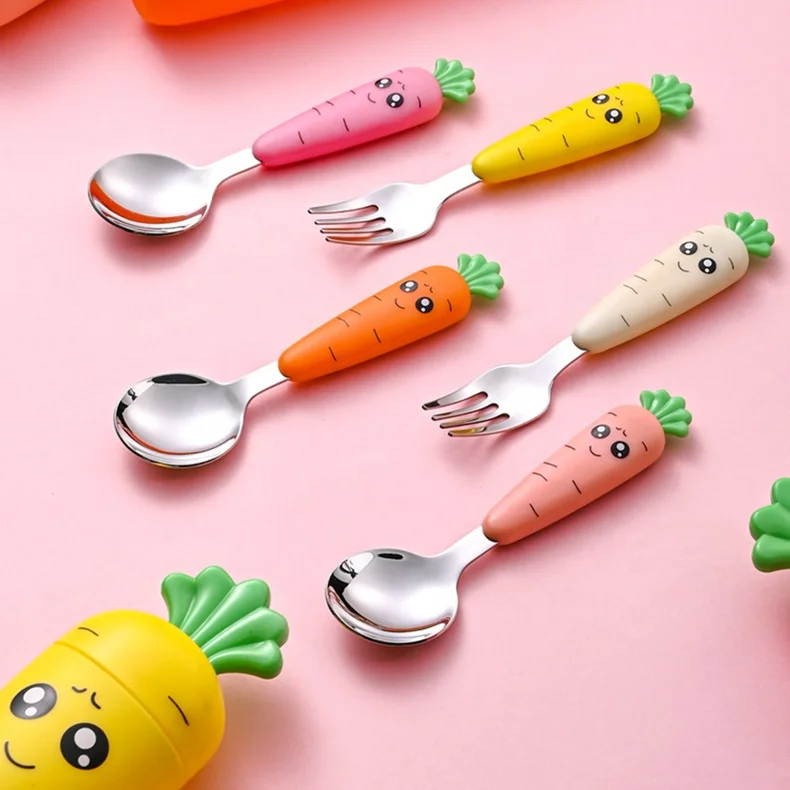 Food Grade PP Infant Feeding Tableware Cartoon Design Cutlery Stainless Steel Spoon And Fork Set