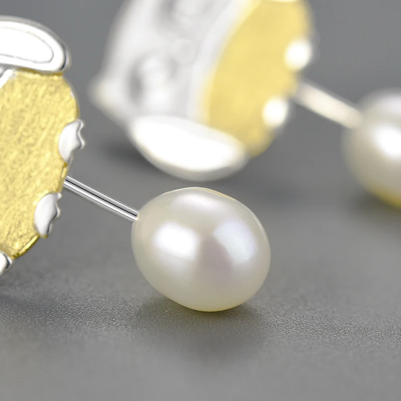 Lotus Fun Handmade peal stud earrings set 925 sterling silver with 18k gold Agile Owl animal design fine jewelry for women