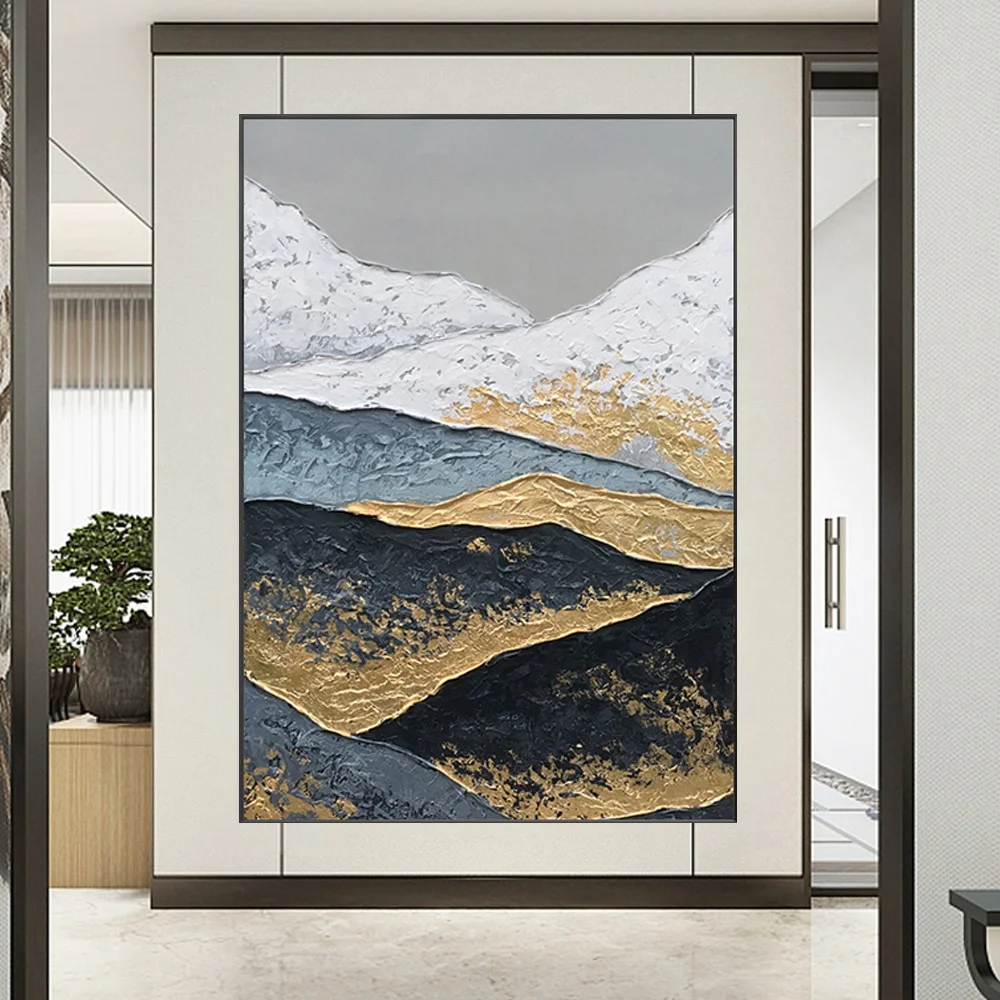 Oil Hand Painted Picture Black and White Artwork Obsidian Mountain  Snow  abstract canvas oil painting  gold for profesional