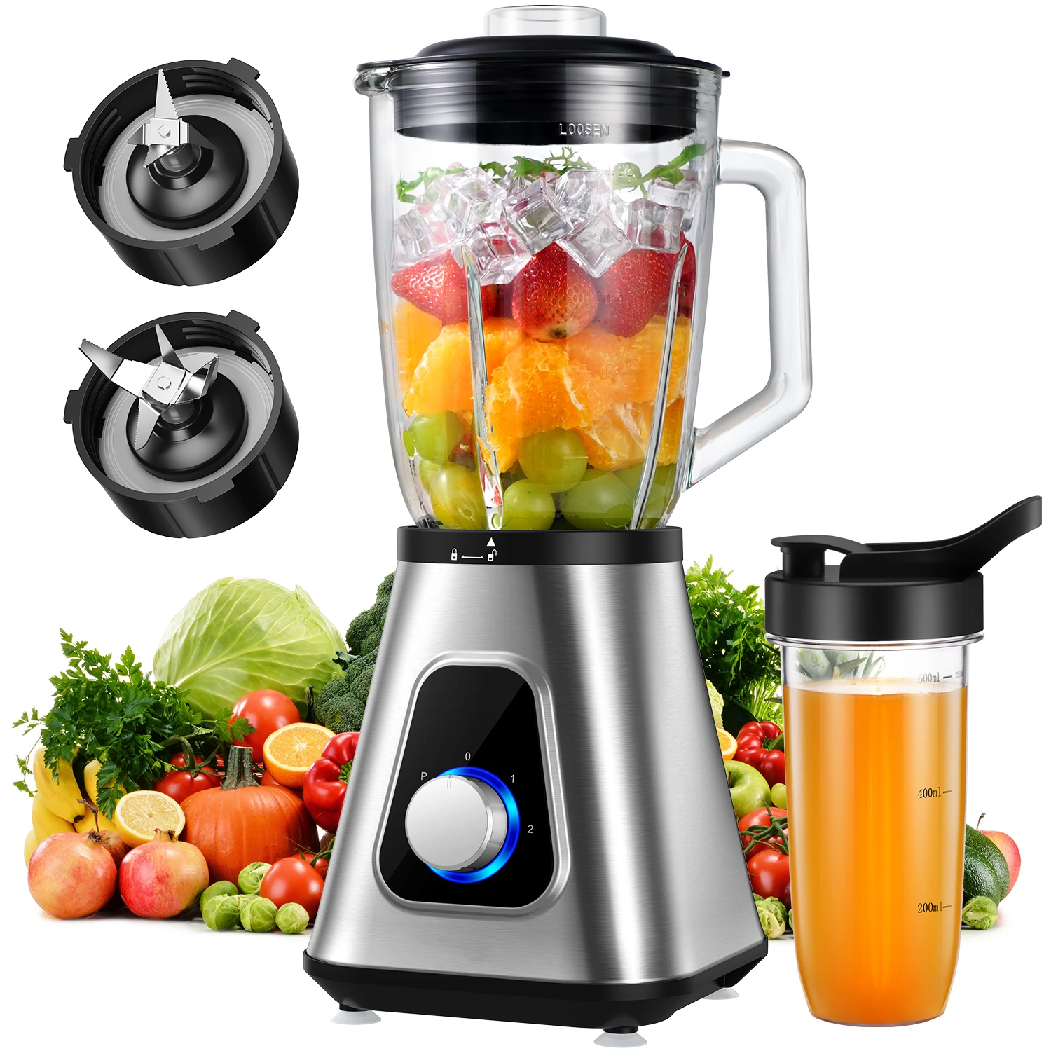 1500ML Upgrade Fruit Smoothie Blender with 22 OZ Travel Cup Stainless Steel Ice Sabre-Blades Kitchen Juicer Machine