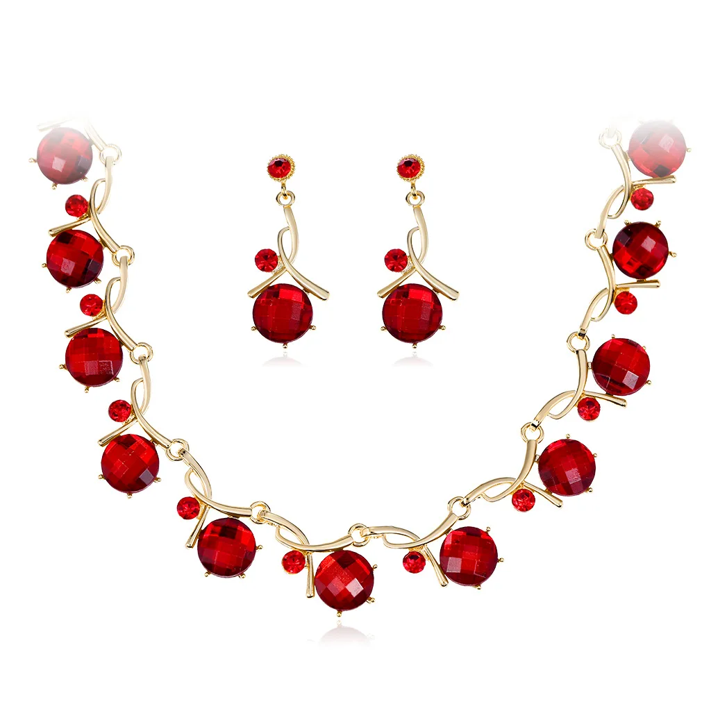 Red Rhinestone Luxury Bride Indian Arabic Design Earrings Wedding Necklace two piece set