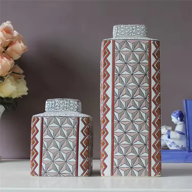 Cream white color lattice design ceramic set of 2 porcelain ginger jars