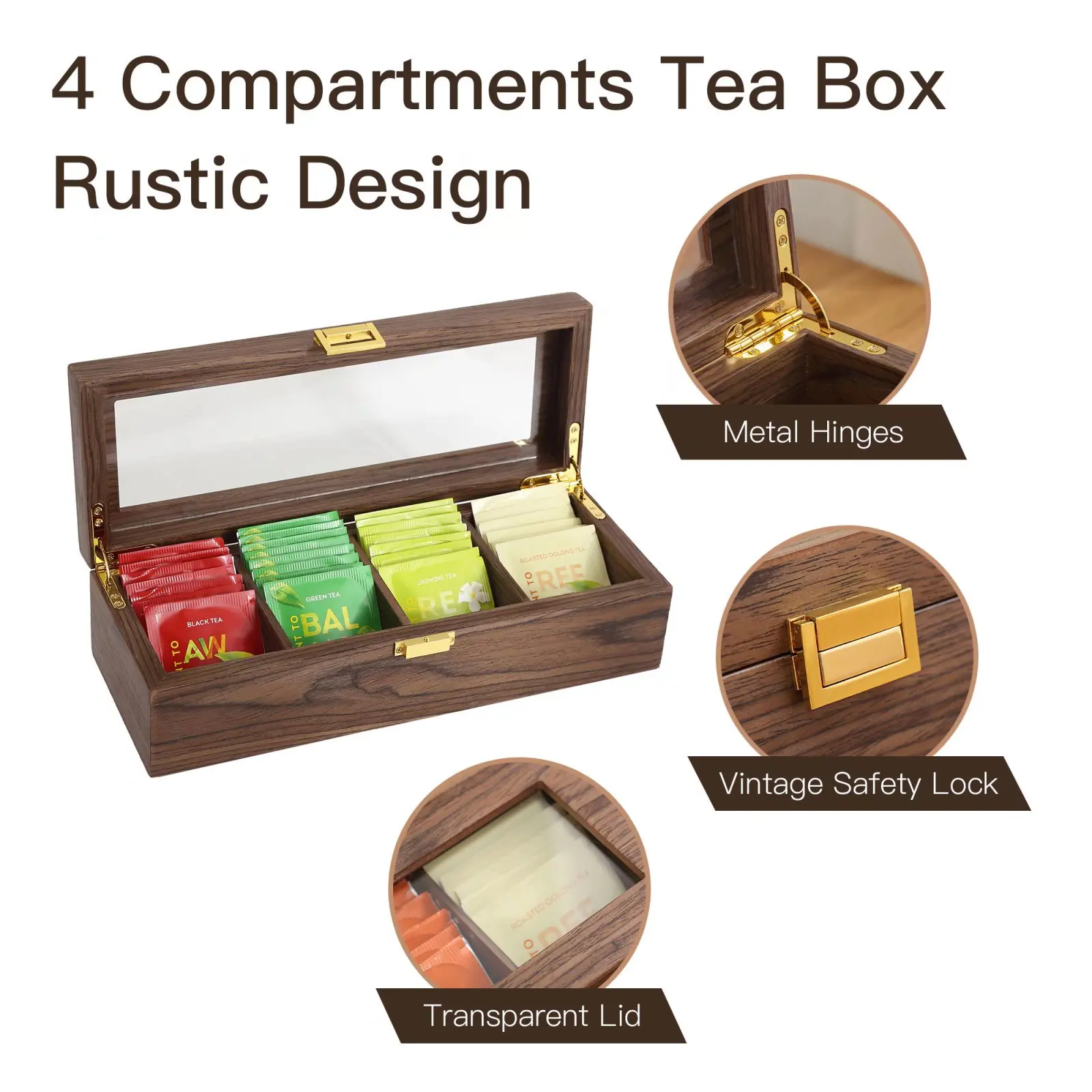 Factory directly sale wooden tea bag storage box with 4 compartments clear lid box