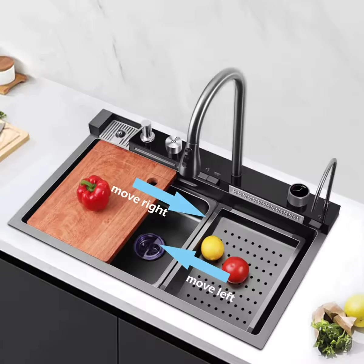 Hot sale black temperature display smart faucet pull down sprayer waterfall kitchen sink faucets