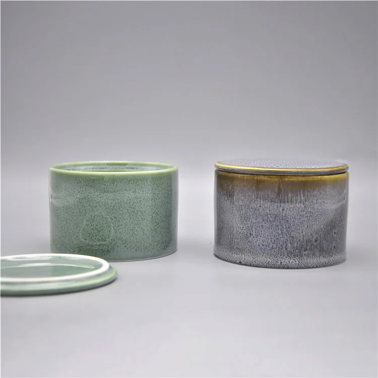 unique design reactive glaze rustic style empty ceramic candle vessel antique bulk candle jars with lid
