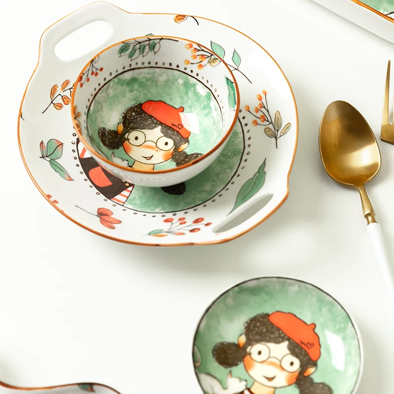 Jade-cer ceramic  plates with Little Red Riding Hood design hand printed dessert tray sauce dish