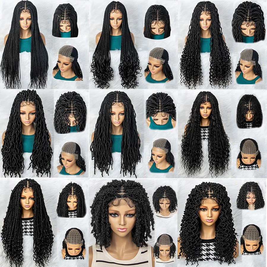 Wholesale Full Double Lace Front Square Knotless Box Braid Wig,Lightweight Synthetic Ombre Light Brown Hand Braided Wigs