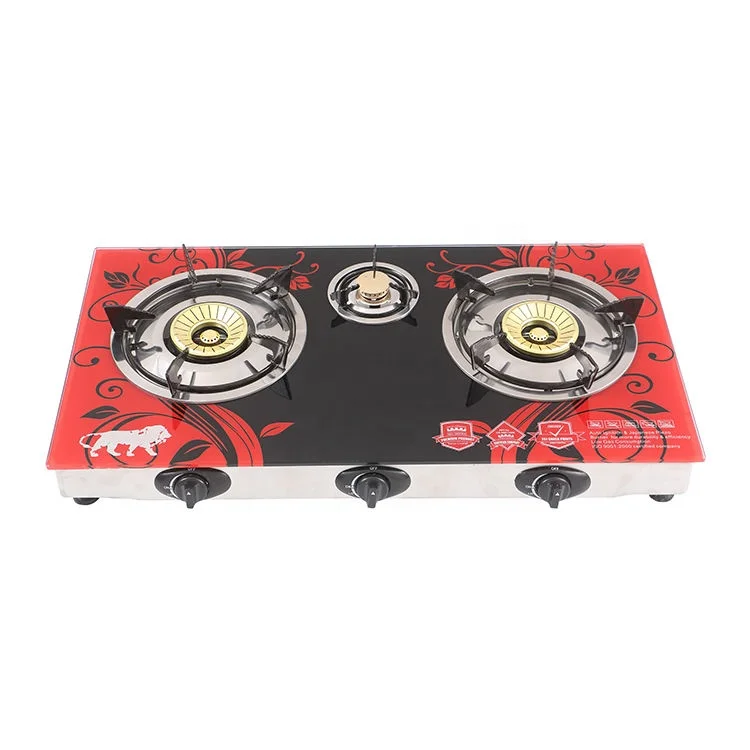 Commercial butane propane lpg 3 brass burner 2d glass gas stove with auto ignition