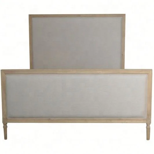 HL025 Antique Natural Wooden Nailhead Trim Frame King Size Upholstered Linen Fabric Hotel Bed with Footboard Woodcarving Legs