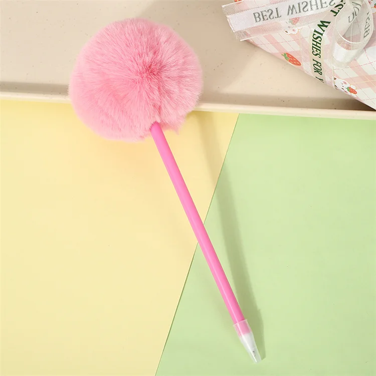 School supplie ball point pen Cute rabbit fur ball cute plush blue ballpoint pen kids students kawaii office stationery