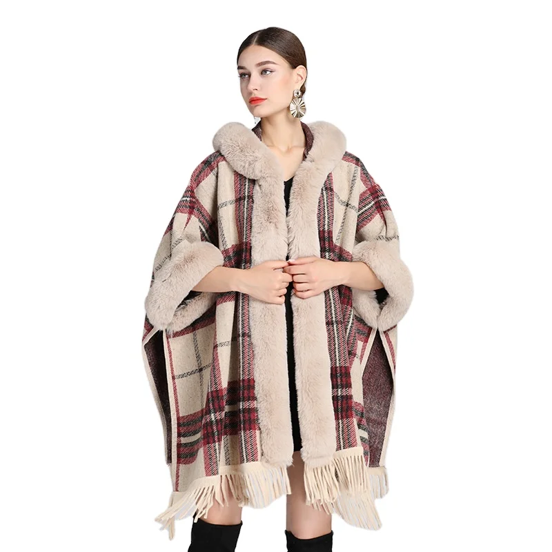 Women Hooded Cloak Poncho Faux Rabbit Fur Cape Wrap Stoles Plus Size Open Front Cardigan Coat