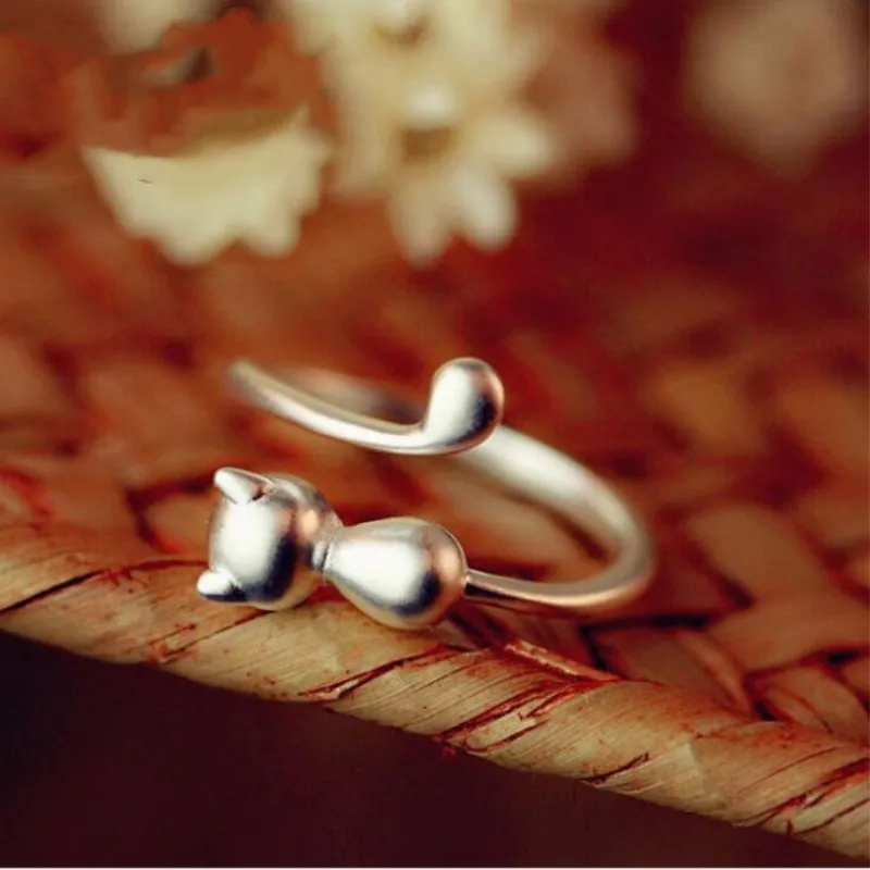 Cute Women Jewelry Open Cat Back Tail Ring Geometry Thin Circle Silver Cat Shape Finger Ring