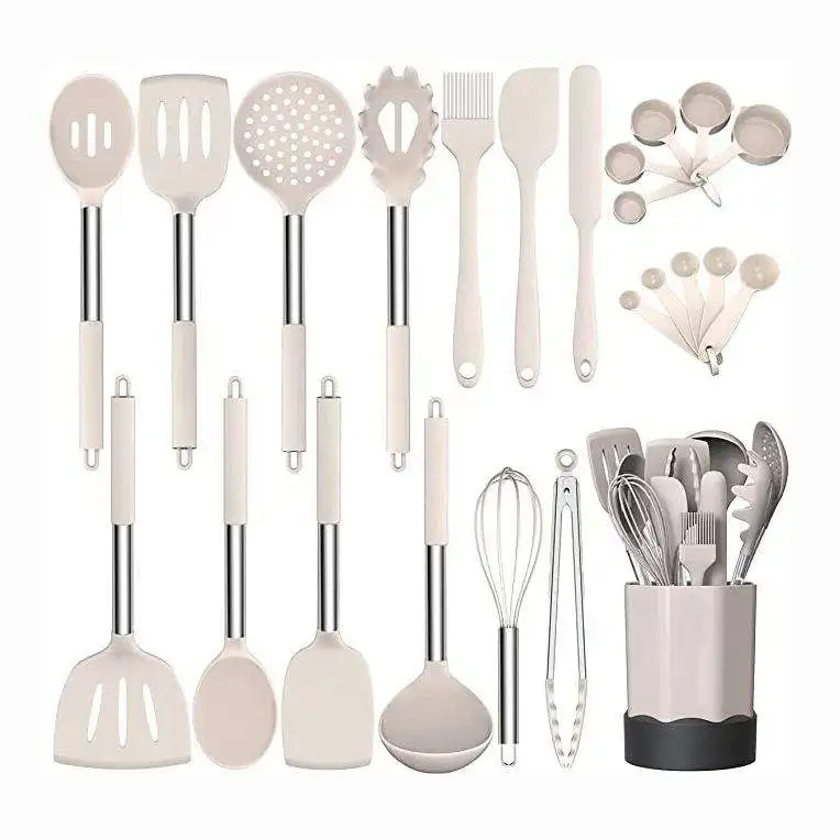 Wholesale Brand New 24 Pcs Silicone Kitchen Utensils Accessories Set With Metal Handle And Storage Holder For Kitchen