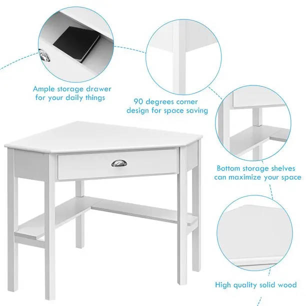 White Color Modern Wooden Cheap Computer Desk with Drawer and Shelf Corner Table for Living Room