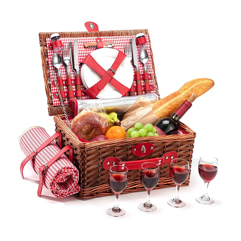 Wholesale Natural Wicker Handmade Picnic Basket With Tableware For Two Persons
