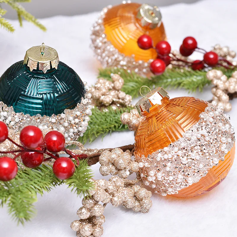 8CM 3pcs/set PET X-mas Tree Ornament Ball Glitter Christmas Balls With Pears For Indoor Hanging & Party