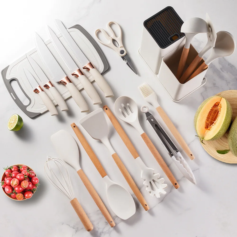 Silicone kitchenware 19-piece set non-stick cooking shovel spoon kitchenware with storage bucket knife combination set