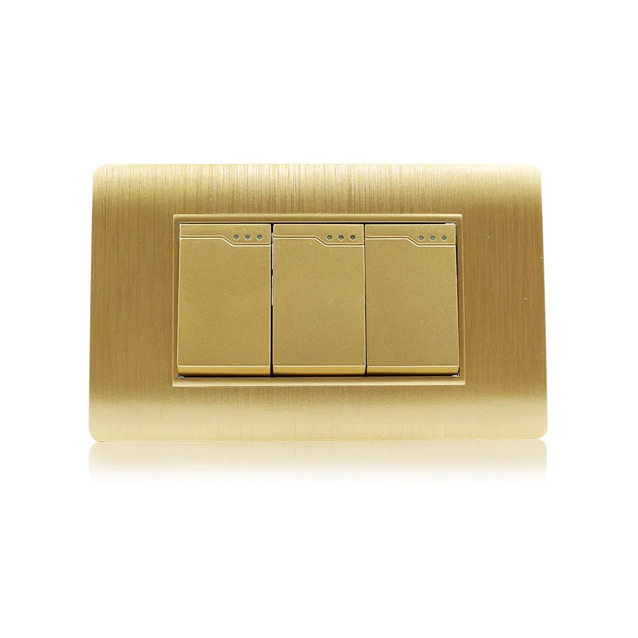 118M Series 3 Gang 1 Way 2 Way Wall Light Switch with Brushed Golden Color PC Plate High Quality Wall Switch