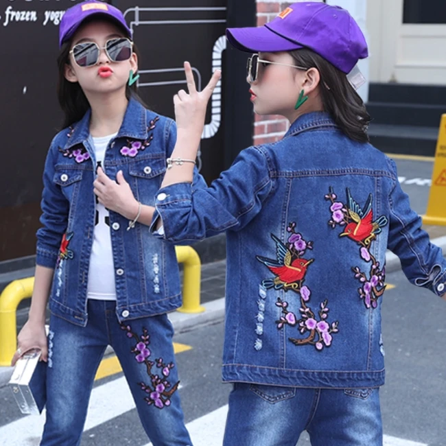 SE3188 4-12 years big girl clothing fashion and comfortable jeans jacket 3pcs set denim jacket+jeans+shirt set