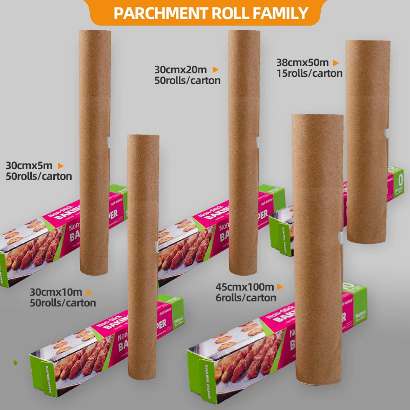 Custom 38cmx50m nonstick antigrease parchment baking unbleached brown kraft food wrapping dry waxed paper roll