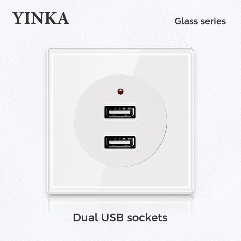 YINKA White Glass With Silver Alloy Contacts 86x86mm Wall Decoration Electric Socket EU Wall Outlet Socket