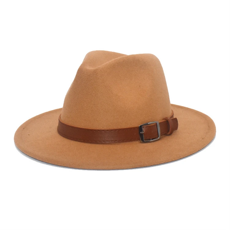 Classic belt buckle wool fedora hat simple suede belt British style outdoor wide brim versatile wholesale fedora hat