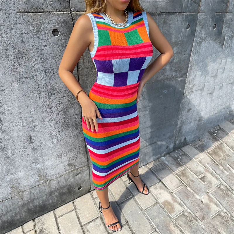 Colorful Plaid Striped Sleeveless Midi Round Neck Women Fall Knit Dress 2022