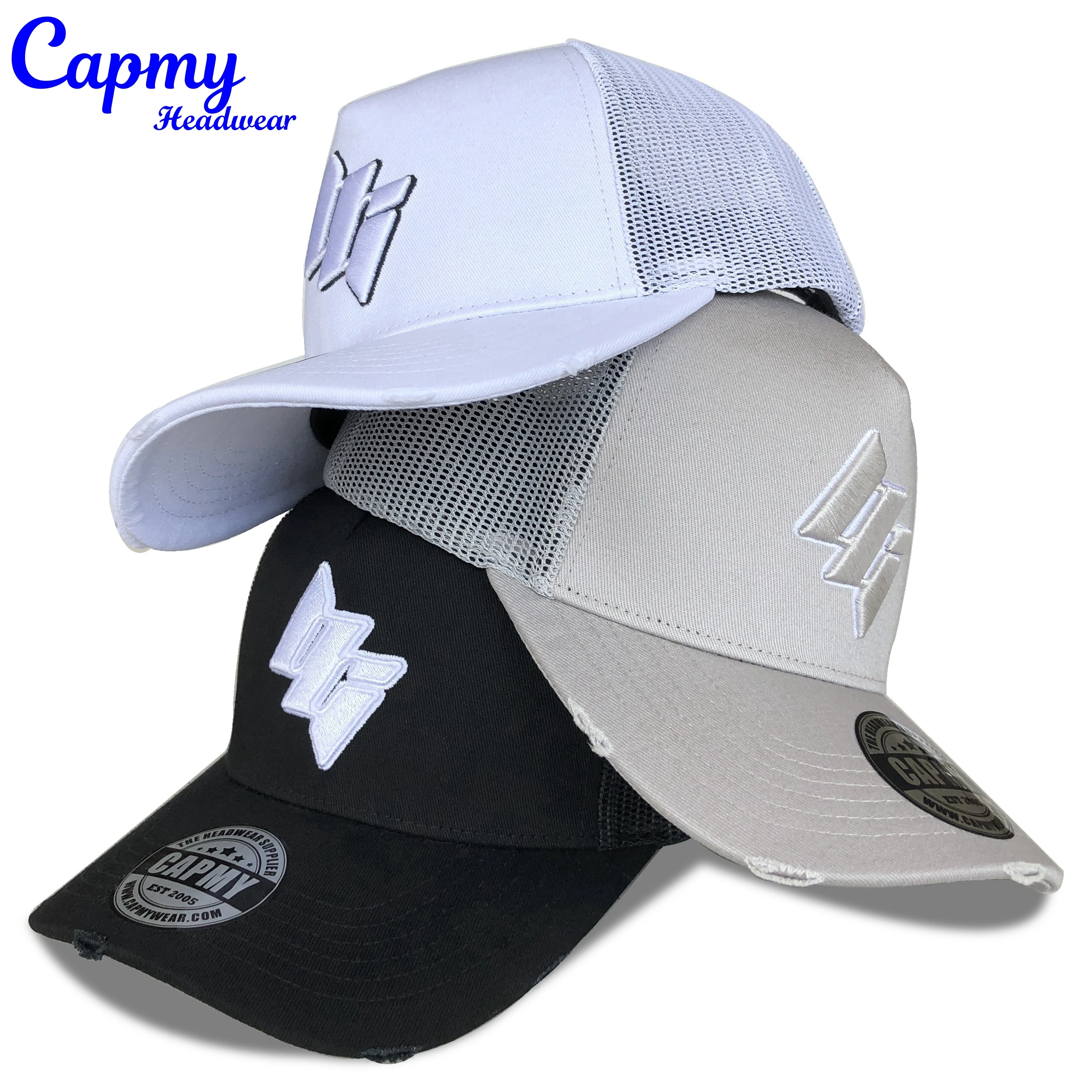 Professional Custom Grey Brown Baseball Trucker Hats Caps Mens 5 Panel 3d Embroidery Logo Distressed Rip Vintage Trucker Cap Hat