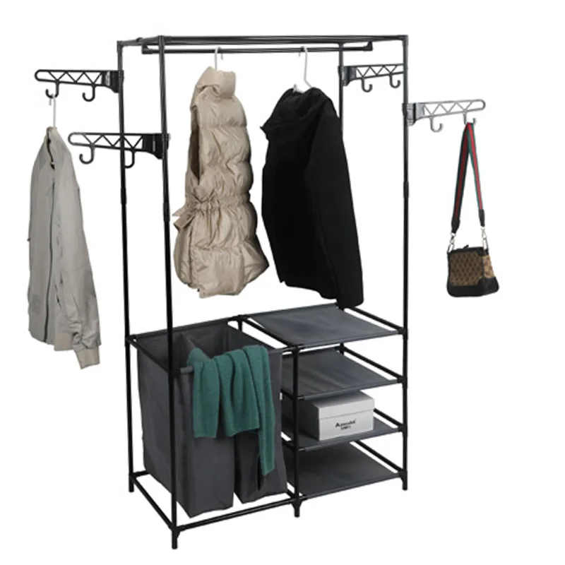 
Rugged steel frame hanger modular wardrobe organizer system storage unit with collapsible storage drawers 