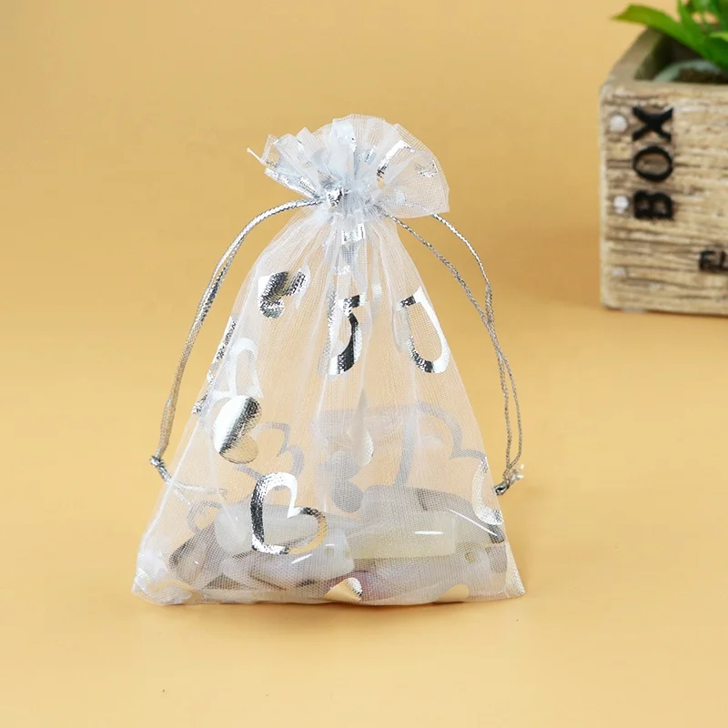 Wholesale 100pcs/lot White Organza Bag 7x9cm Silver Heart Print Wedding Jewelry Organizer Packaging Bags Pouches Nice Gift Bags