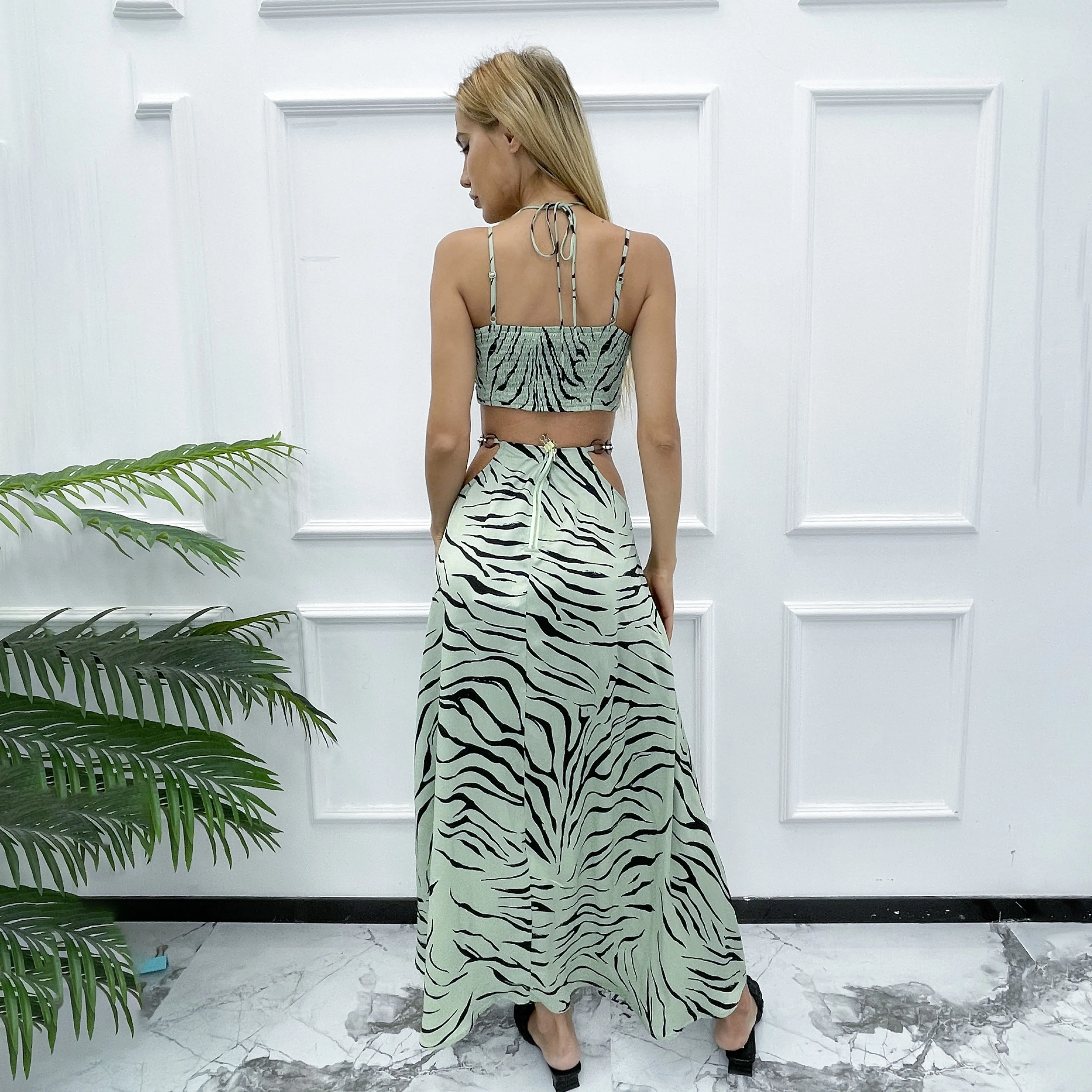 custom 2 piece straps backless Animal pattern bra spilt summer beach casual long dresses women