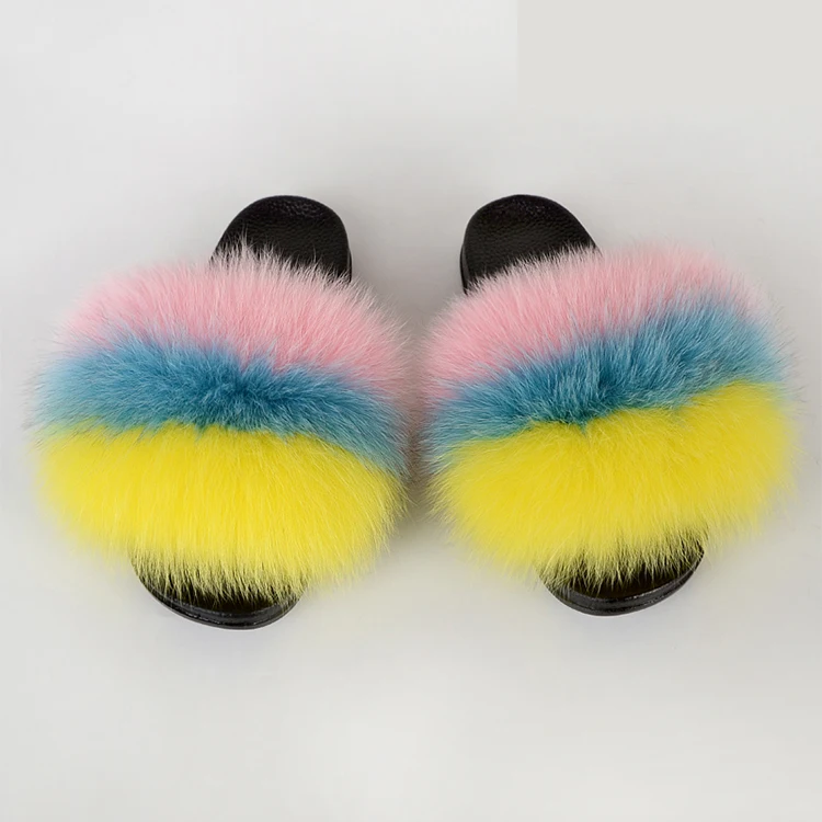 fur slippers with customized logo real  fox fur slides very beautiful  women and baby sets