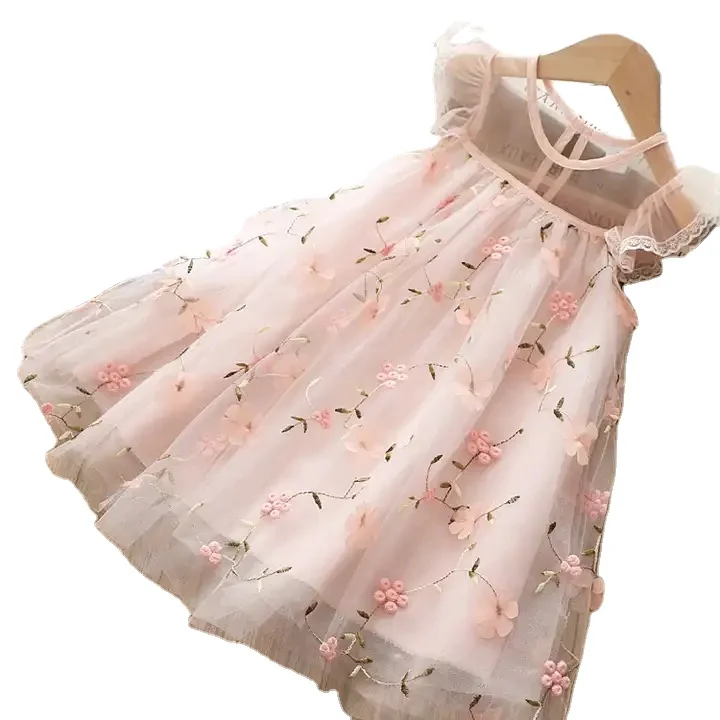 Wholesale Summer Dress Fashion New Design Kids Clothing Tulle Embroidery Lacy Embroidery Baby Girl Princess Dress