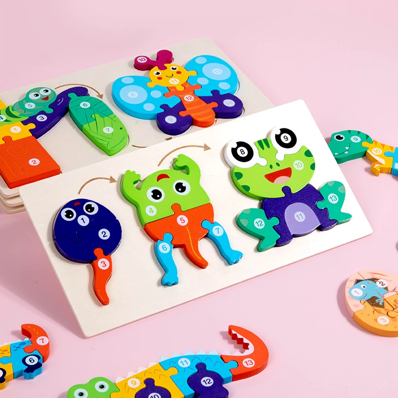 Cartoon animal 3D puzzle DIY building block shape combination board preschool education educational game wooden puzzles for kids