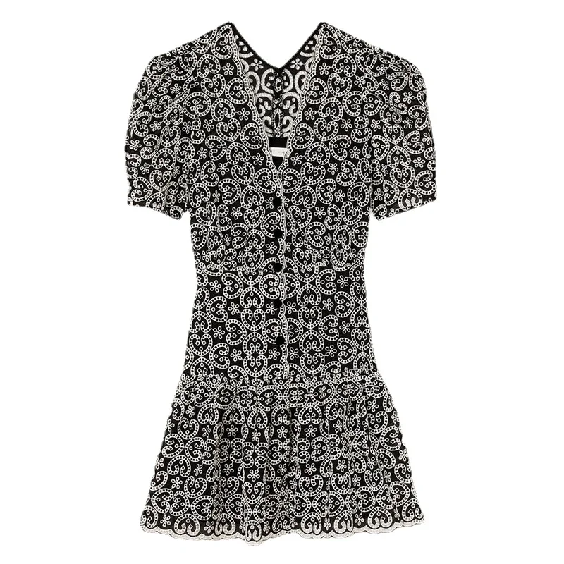 SANDRO Wholesale Custom 2022 Women Geometric Printed V-neck Mini Dress France Paris Brand Summer New Sexy Embroidery Lace