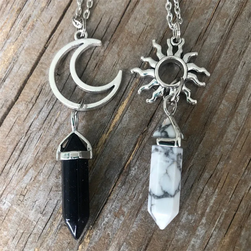 Vintage Sun Moon 2 pcs/set Viking Rune Natural Stone knot Pendant Necklace Hexagonal Pillar Amulet Crystal Couple Necklace